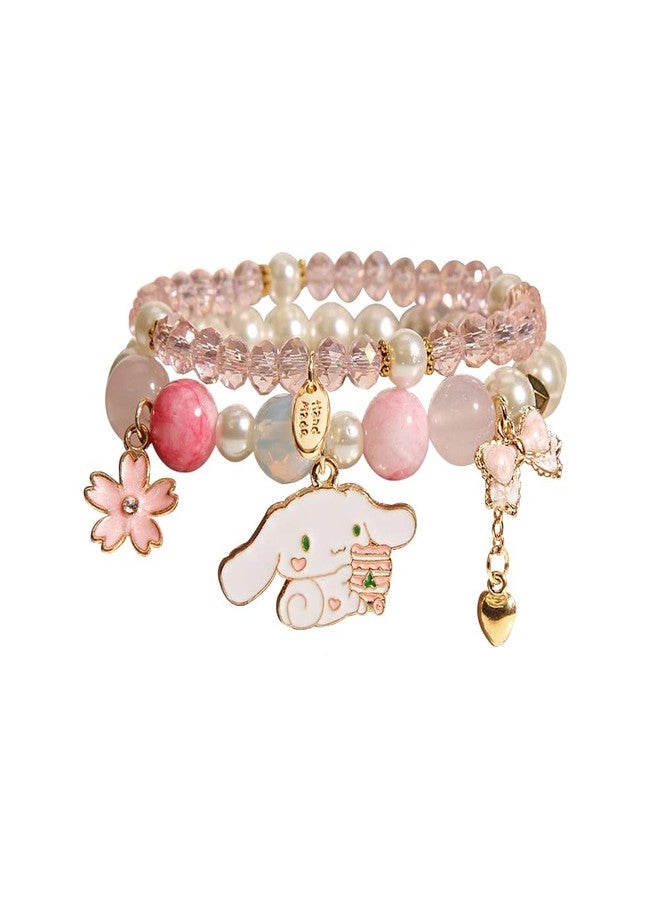 Cicod Kawaii Bracelets Set Crystal Beads Cinnamoroll Bracelet Cute Cartoon Elastic Beaded Pearl Bracelets Anime Jewelry Christmas Stocking Stuffers for Women Bff Friendship Gift (Pink) - Image 1